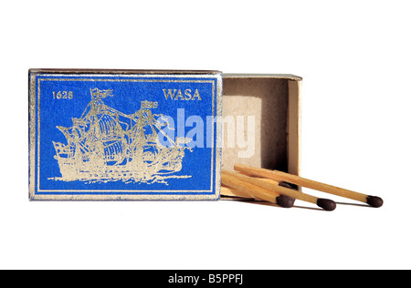 An open box of matches depicting the Swedish ship Vasa,  which sank within one mile of the start of her maiden voyage in 1628. Stock Photo