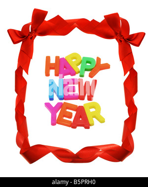 Happy New Year in red bow ribbons border Stock Photo