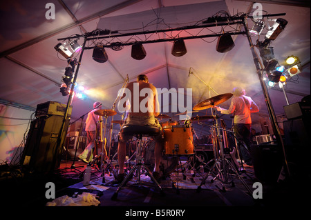 View from behind drummer as Intraverse perform at the Vibes form the Vines festival 2008 in East Sussex. Picture by Jim Holden. Stock Photo