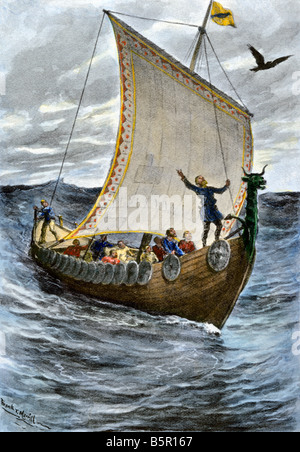Norsemen at sea following their raven pilot. Hand-colored halftone of an illustration Stock Photo