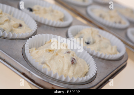 Blueberry and chocolate chip muffin mixture in cases ready for cooking Stock Photo