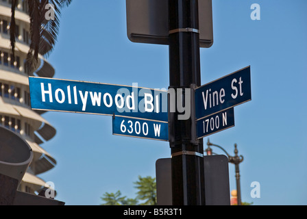 Hollywood and Vine Street sign Hollywood Blvd. Los Angeles CA California USA clear day blue sky Stock Photo