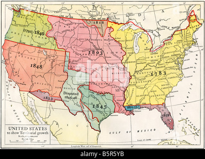 US map showing territorial growth to 1853. Color lithograph Stock Photo