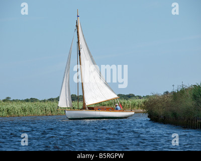 RIVER CLASS ' WILL O' THE WISP ' TRADITIONAL WOODEN PLEASURE CRUISER SAILING ON RIVER ON THE  NORFOLK BROADS EAST ANGLIA ENGLAND UK Stock Photo