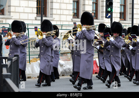 Grenadier Guardsmen band play ww1 songs as they march in the London Remembrance parade on Nov 11th Stock Photo