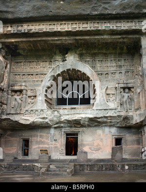 Ajanta India. Cave 26 exterior with horseshoe shaped window of prayer hall or chaitya griha Stock Photo