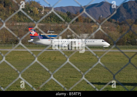 airplane in Lugano airport Switzerland Stock Photo
