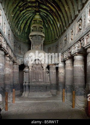 Ajanta India Cave 19 Buddhist temple carved basalt rock interior prayer hall chaitya griha with stupa from 2nd century BC Stock Photo