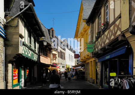 Rue du Fil, a narrow street lined with timber framed buildings in Pontivy, Brittany, France Stock Photo