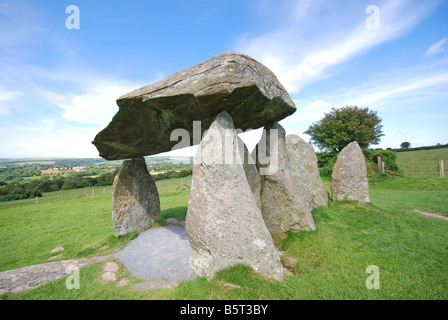A Bronze-Age megalithic site at Pentre Ifan, dating back to 4000 B.C, showing vertical stones supporting a 40 ton capstone. Stock Photo