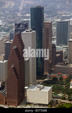 aerial view above Wells Fargo Plaza Bank of America Center and other Houston skyscrapers Stock Photo