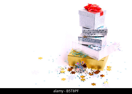Christmas gift boxes on white background Stock Photo