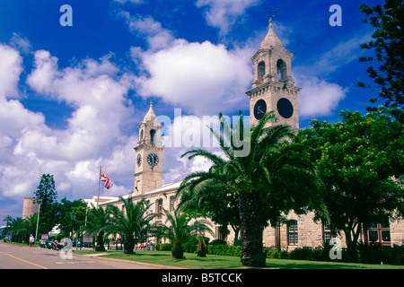 Low angle View of Two Clocktowers Royal Naval Dockyard Bermuda Stock Photo