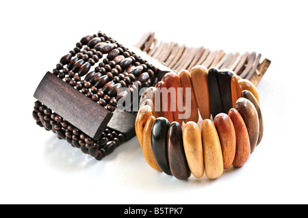 Wooden bracelets isolated on white background Stock Photo