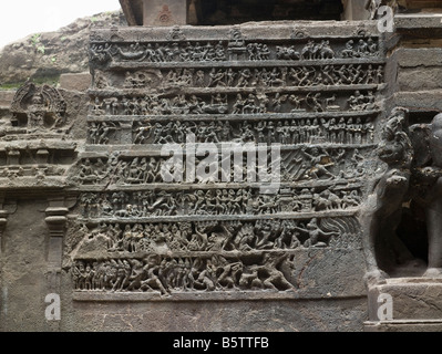 Kailasanatha Temple carved from basalt monolith Ellora Caves India Hindu epic Ramayana Stock Photo