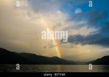 Rainbow over Lake Rotoroa, from the Sabine Hut, Nelson Lakes National Park, South Island, New Zealand Stock Photo