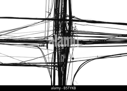 Overhead telecommunications and electricity cables in Santiago, Chile. Stock Photo