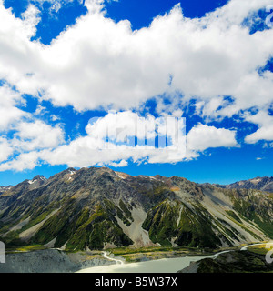 Mueller Lake and River Hooker, Hooker Valley, Mt Cook National Park, Southern Alps, World Heritage South West New Zealand, Stock Photo