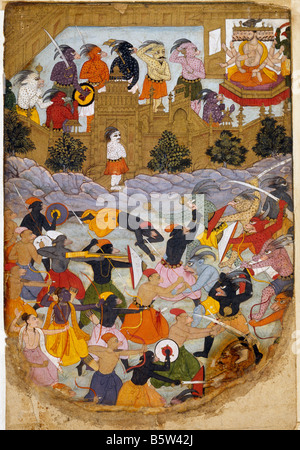 Siege of lanka Islamic book illustration Ramayana. Transcribed with text on reverse. Mughal. C. 1600 AD National Museum of New Stock Photo