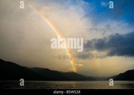 Rainbow over Lake Rotoroa, from the Sabine Hut, Nelson Lakes National Park, South Island, New Zealand Stock Photo