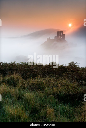 Corfe Castle shrouded in early morning mist Purbeck Dorset South West England UK Castle Stock Photo