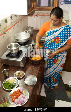 Mrs Vijayalakshmi Neelakandan seasoning seer fish in her kitchen in Pondicherry, India. Stock Photo