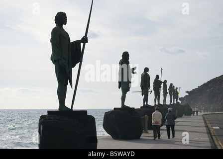 Guanche statues on waterfront, Plaza de La Patrona de Canarias, Candelaria, Santa Cruz de Tenerife, Tenerife, Canary Islands Stock Photo