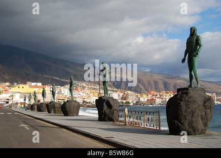 Guanche statues on waterfront, Plaza de La Patrona de Canarias, Candelaria, Santa Cruz de Tenerife, Tenerife, Canary Islands Stock Photo