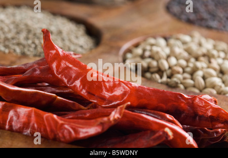 Close-up of red chili peppers in a spice container Stock Photo