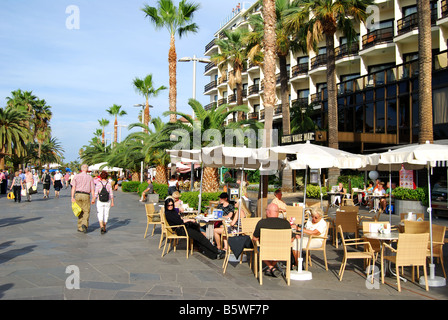 Promenade restaurants, Puerto de La Cruz, Tenerife, Canary Islands, Spain Stock Photo
