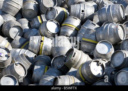 Empty beer barrels in a Stainless Steel Scrap recycling centre in Sheffield Stock Photo