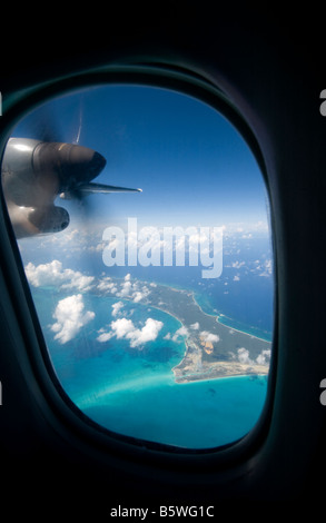 Aerial view through airplane window, Exuma Islands, Bahamas. Stock Photo