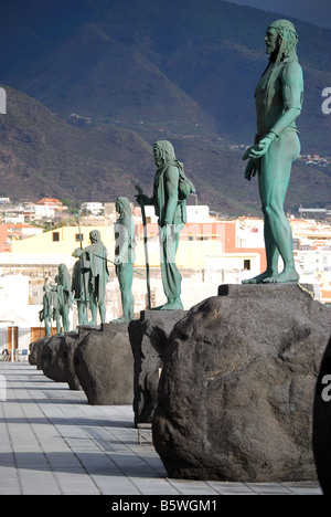 Guanche statues on waterfront, Plaza de La Patrona de Canarias, Candelaria, Santa Cruz de Tenerife, Tenerife, Canary Islands Stock Photo