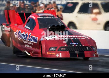 The 'Quick Lane' NHRA funny car of Robert Tasca III accelerates off the line at Firebird Int'l. Raceway, Phoenix, Arizona, USA Stock Photo