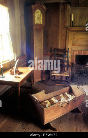 Restored interior of childhome home of Pres. James K. Polk, a log cabin at Polk Memorial State Park, Pineville, nr Charlotte, NC Stock Photo