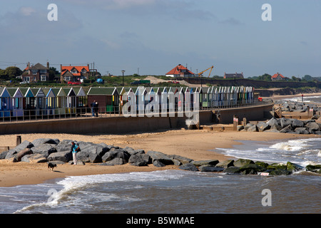 Southwold North Sea beach Beach Huts beach cottages Suffolk Stock Photo