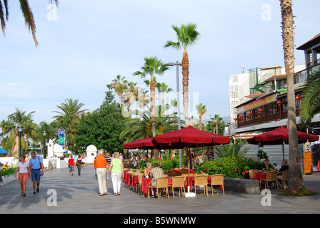 Promenade restaurants, Puerto de La Cruz, Tenerife, Canary Islands, Spain Stock Photo