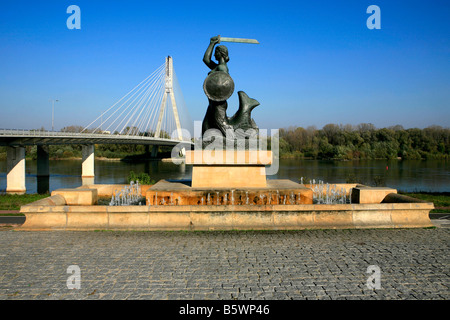 The Mermaid monument near the Swietokrzyski Most - Holy Cross Bridge (2000) across the Vistula river in Warsaw, Poland Stock Photo