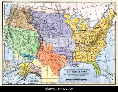 Map showing territorial growth of the continental US 1776 to 1899. Hand-colored woodcut Stock Photo
