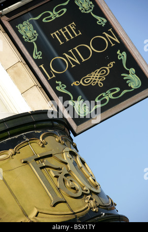 City of Southampton, England. Angled close-up view of the sign above the London Public House in Southampton’s Oxford Street. Stock Photo