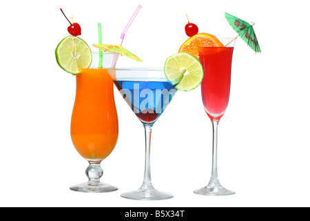 Three cocktails cutout isolated on white background Stock Photo