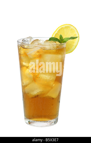 Glass of iced tea with lemon and mint garnish cutout isolated on white background Stock Photo