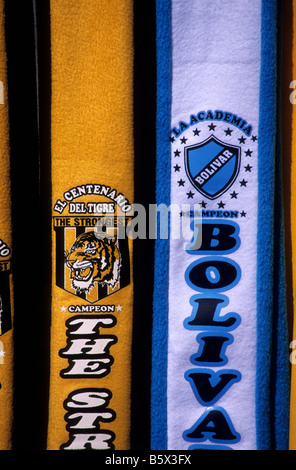 Bolivar and The Strongest scarves on sale for La Paz derby football match, Bolivia Stock Photo