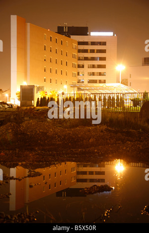 Building reflection of building at night in Zagreb Croatia Stock Photo