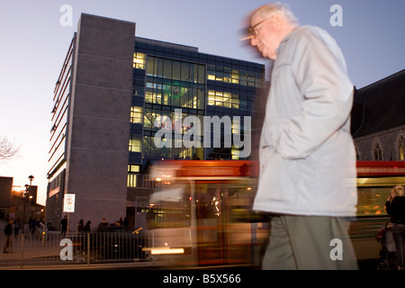 portland building. man bus, experimental flash photography. unusual scale composition Stock Photo