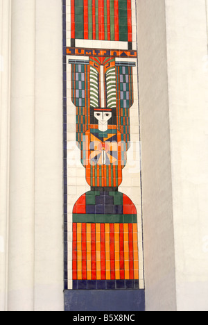 Mosaic design by Salvadoran artist Fernando Llort on facade of Metropolitan Cathedral or Catedral Metropolitano , San Salvador, El Salvador Stock Photo