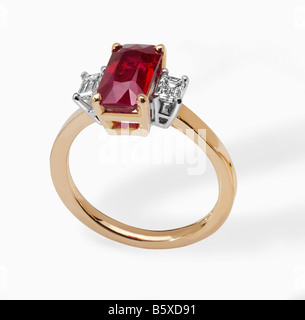 Ruby and diamond engagement ring set in 18ct gold Stock Photo