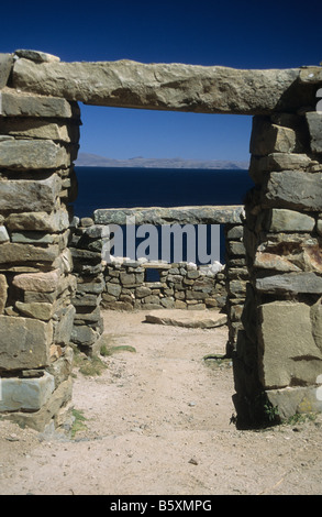 Doorways at Chincana ruins (from probably Inca period), Sun Island, Lake Titicaca, Bolivia Stock Photo