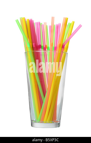 Glass of colorful straws cutout isolated on white background Stock Photo