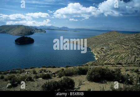 View of Yampupata peninsula on mainland and Isla Chelleca from Pilkokaina, Sun Island, Lake Titicaca, Bolivia